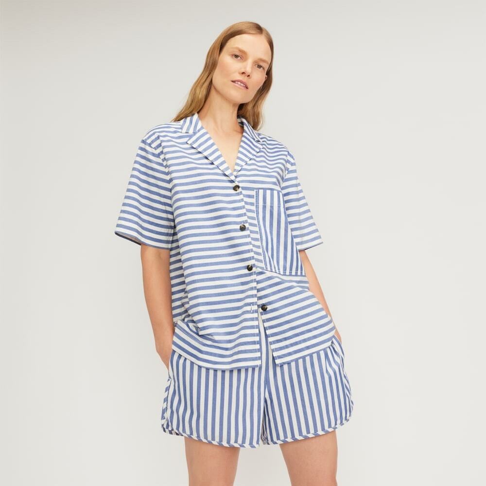 Everlane 100% Cotton Blue and White Striped Collared Blouse Top Size M